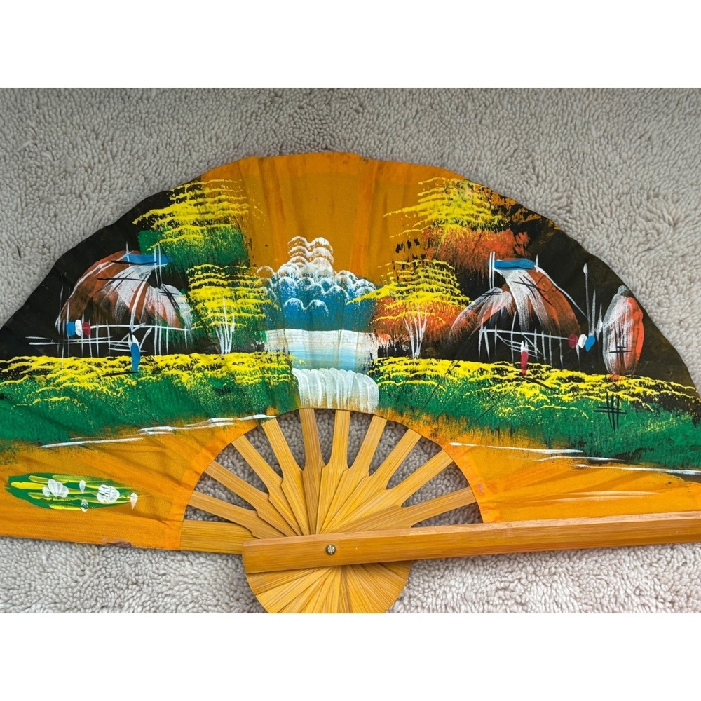Vintage Hand Painted Bamboo Folding Wall‎ Fan Waterfall Landscape Scene Orange